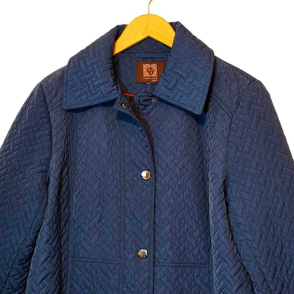 Anne Klein Blue Quilted A-Line Mid Length Snap Front Coat Size L/XL Chic - Picture 2 of 16